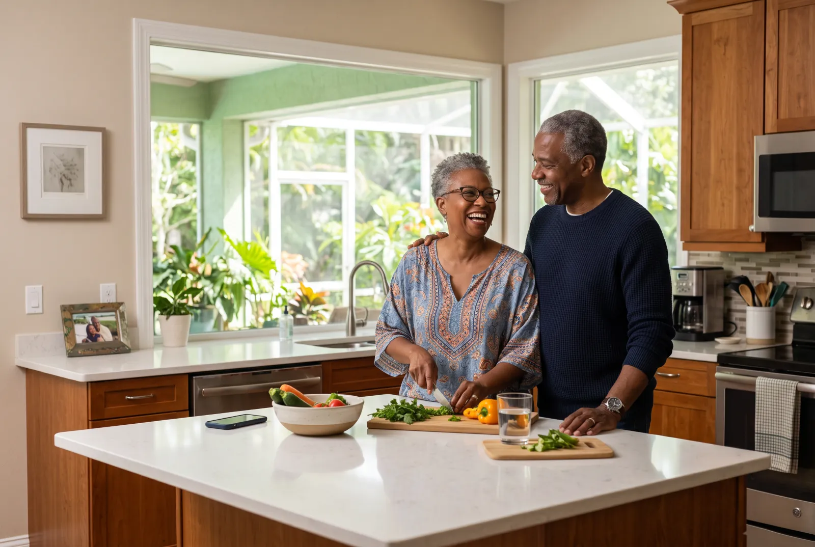 A relaxed Central Florida couple at home in their kitchen